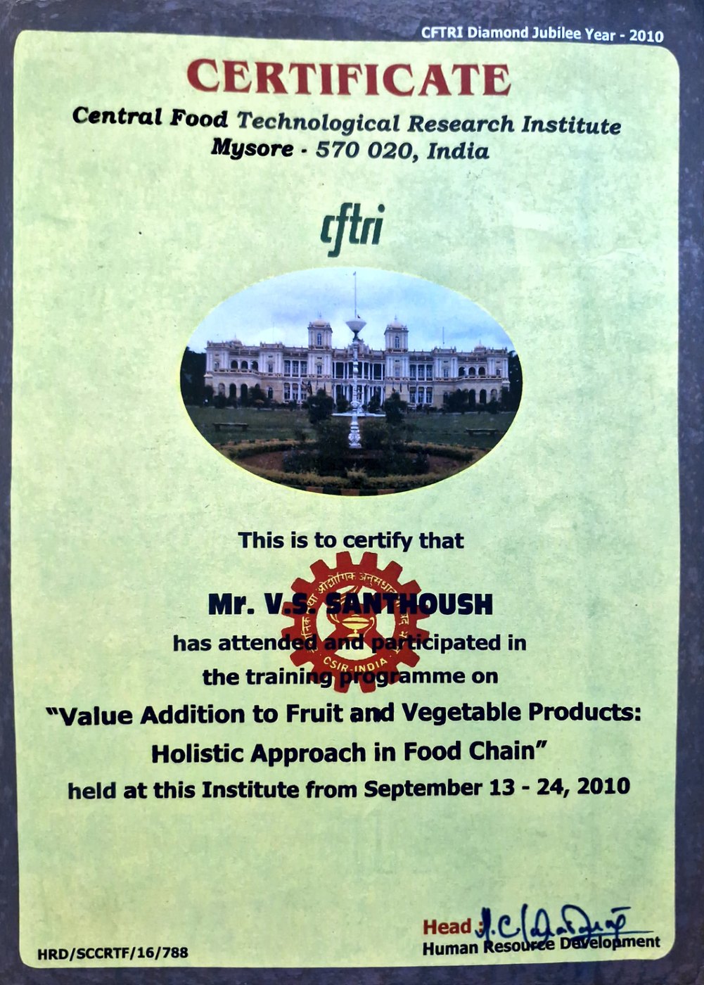 CFTRI Mysuru certificate
