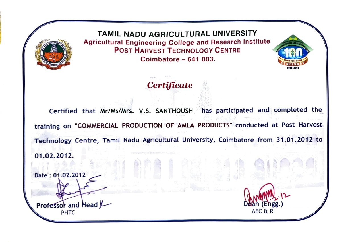 TNAU - Amla Products certificate
