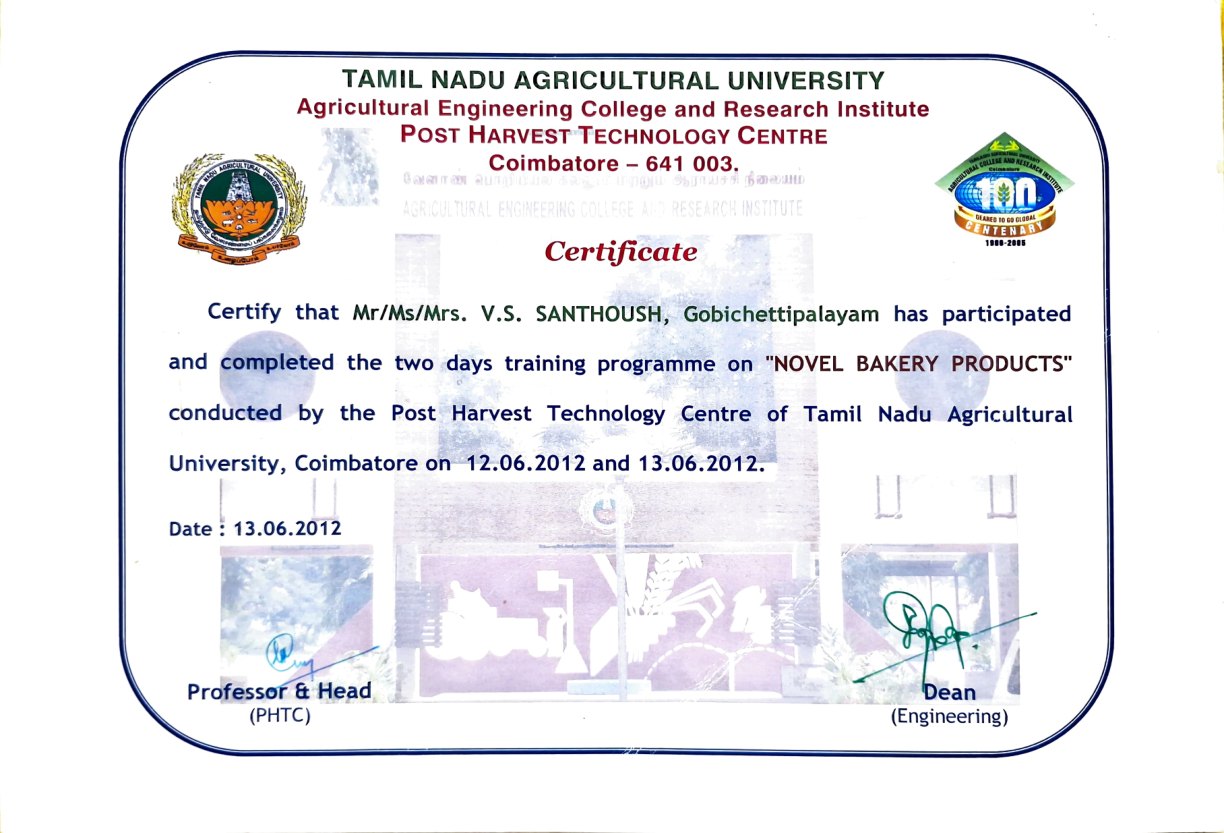 TNAU - Bakery Products certificate